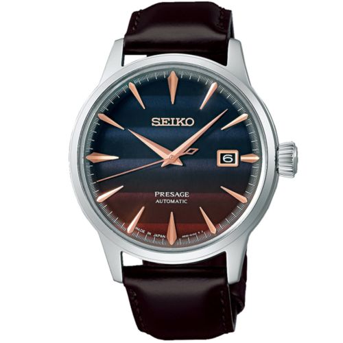 Ανδρικό Ρολόι Seiko Presage 'Purple Sunset' Cocktail Time L.E. Αυτόματο με Δερμάτινο Καφέ Λουράκι SRPK75J1