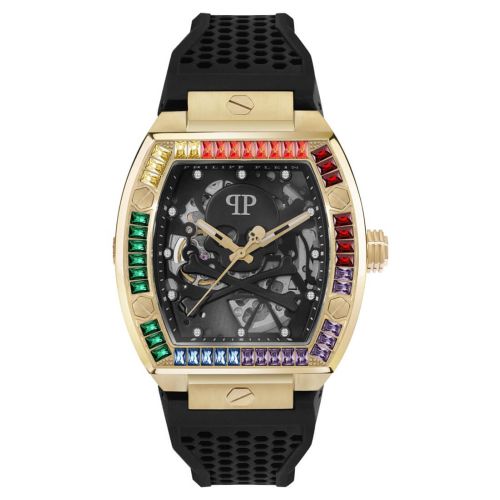 Ρολόι Philipp Plein The Skeleton Automatic Gold από Ανοξείδωτο Ατσάλι με Λουράκι Σιλικόνης και Πέτρες PWBAA1623