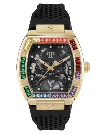 Ρολόι Philipp Plein The Skeleton Automatic Gold από Ανοξείδωτο Ατσάλι με Λουράκι Σιλικόνης και Πέτρες PWBAA1623